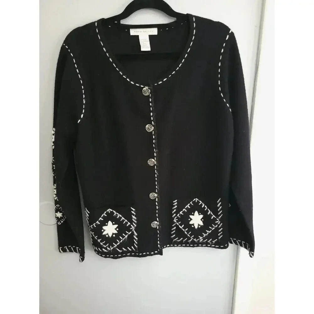 Vtg Napa Valley Button Up Black 100% Wool Embroidered Cardigan‎ Sweater Size Lg